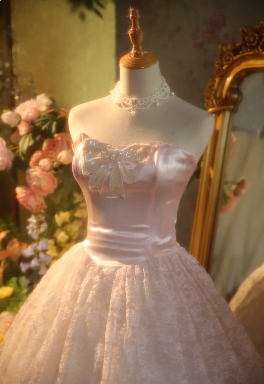 Princess Light Pink Strapless Lace Ball Gown Evening Dress Sweet 16 Dress P4304