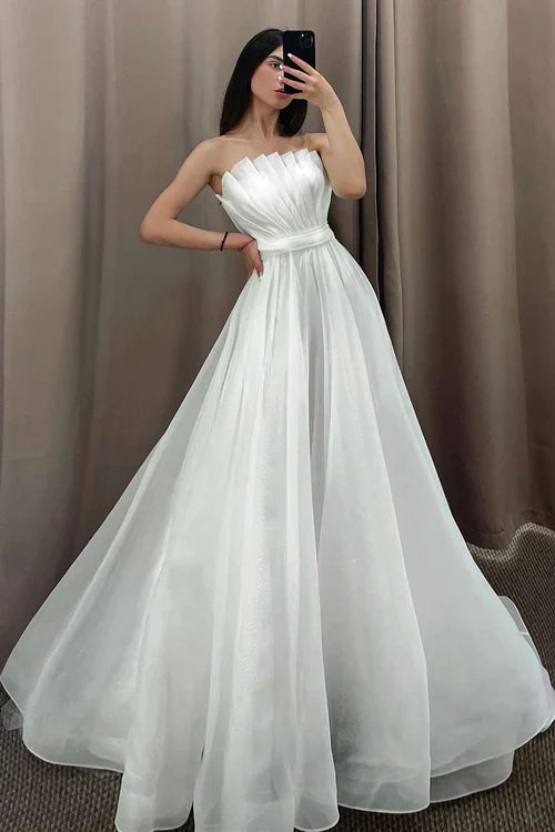 omberprom Elegant Off the Shoulder Pleated A-Line Long Wedding Dress with Sleeves