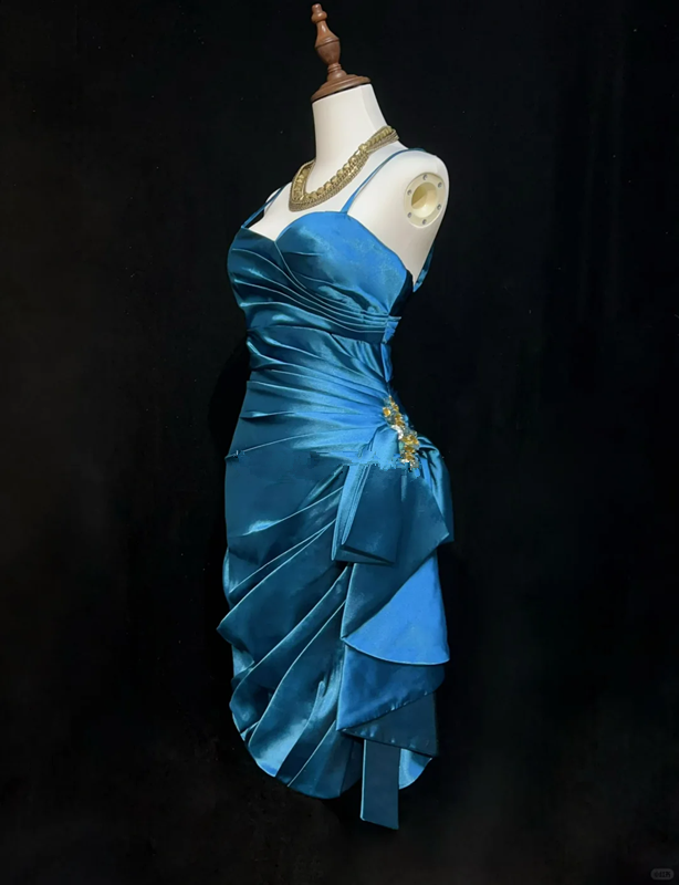 Blue suspenders waist design pleated slim hip-hugging mid-length skirt homecoming dress R4942