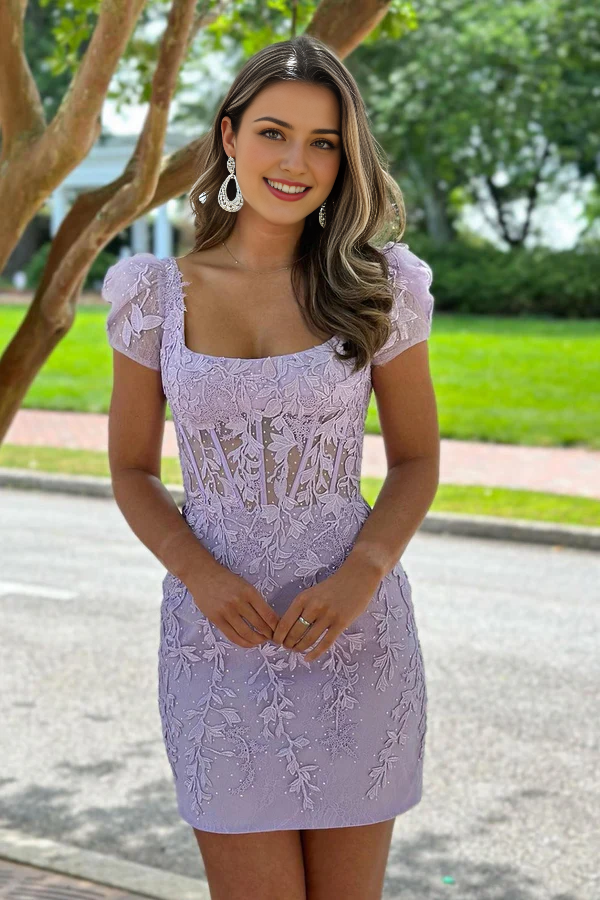 omberprom Short Bodycon Evening Dress Purple Lace Homecoming Dress