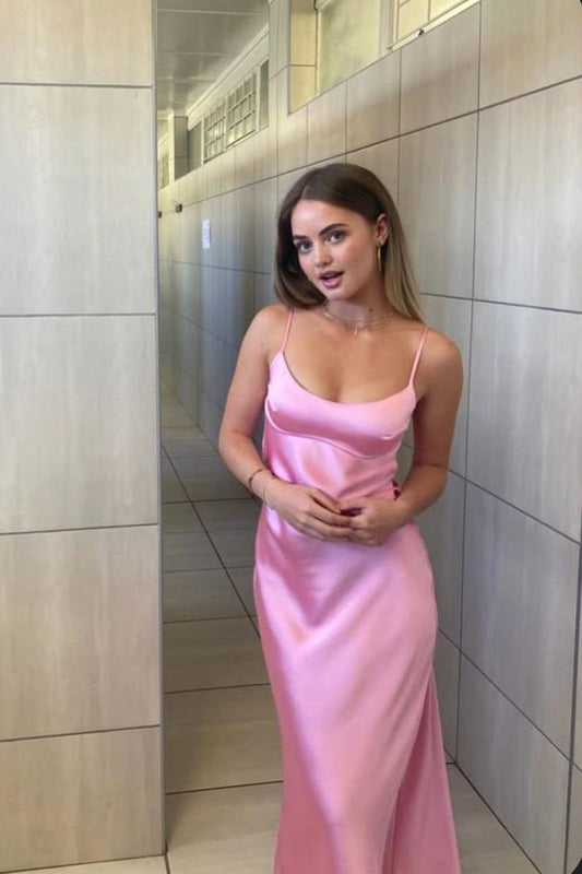 Simple Straps Pink Sheath Long Party Dress Maxi Dresses Summer