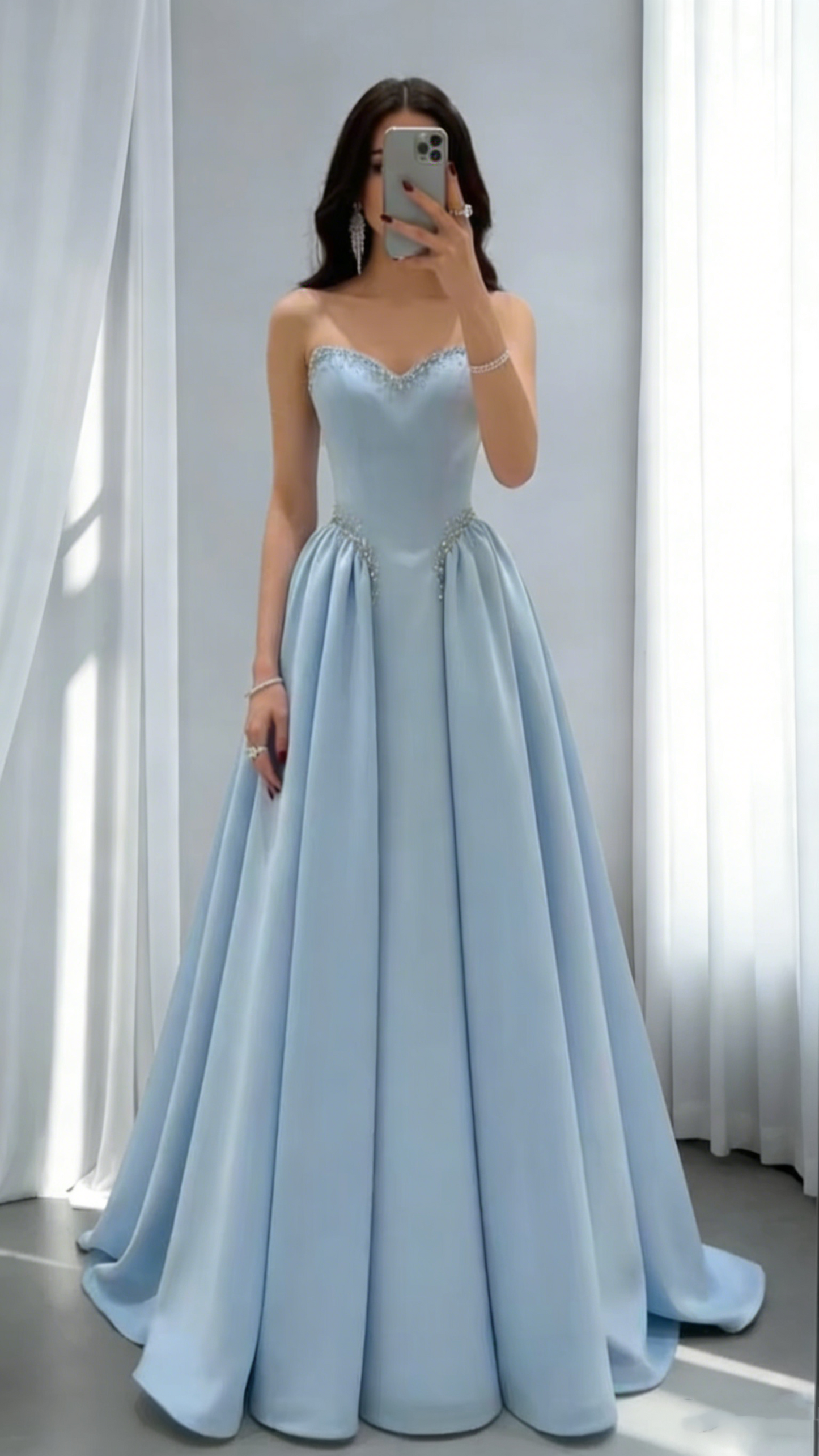 Pretty Blue Strapless Satin Beaded Long Birthday Dress Party Dress SP1725