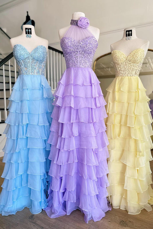 Elegant Lace and Chiffon Ruffle Long Prom Dress A Line