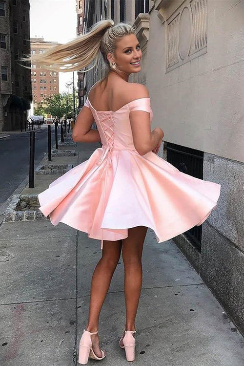 omberprom A-Line Simple Party Dress Satin Off-Shoulder Homecoming Dress Graduation Dress