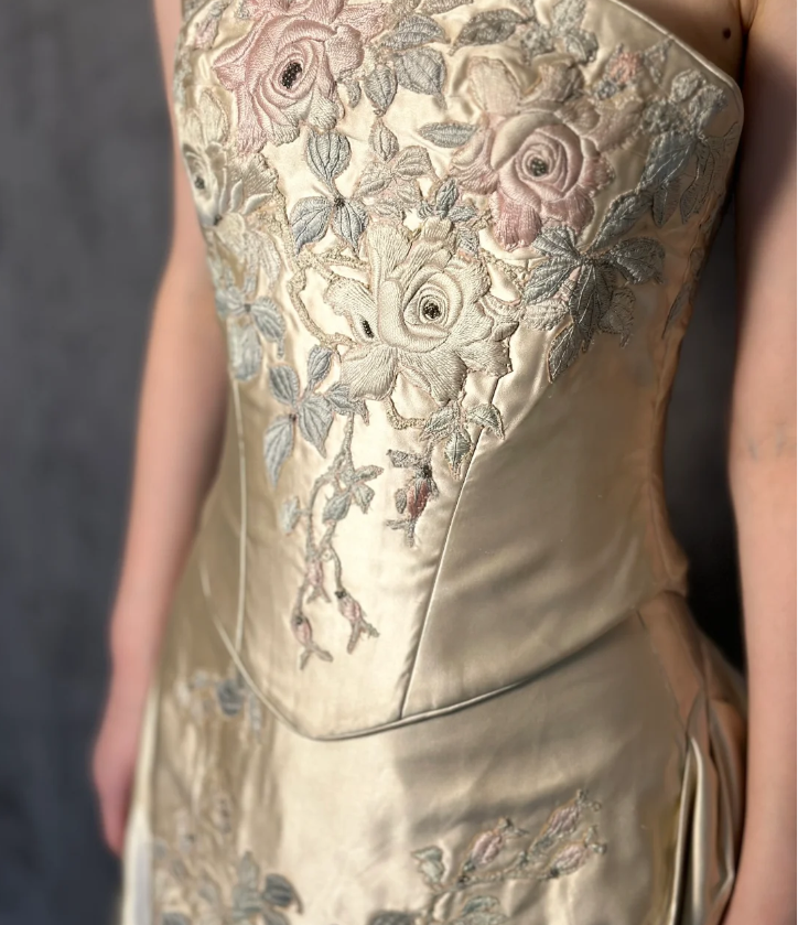 Vintage Champagne Gold A-line Strapless Embroidered Satin Train Prom Dress Evening Dress P4324