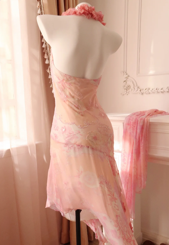 Sweet Pink Mermaid Halter Neck Beaded Chiffon Prom Dress Evening Dress P4329