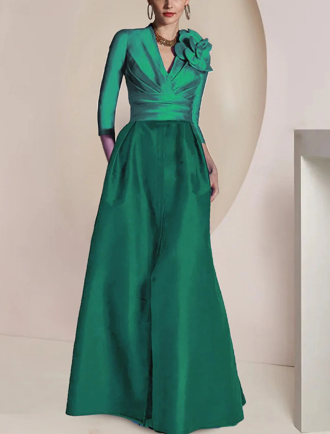 omberprom A-Line Long Mother of the Bride Dress Elegant V Neck 3/4 Length Sleeve Vintage Evening Party Dress with Ruched