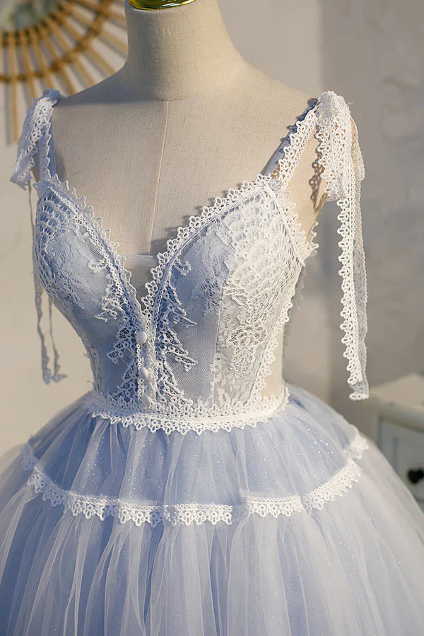 omberprom Elegant A Line Graduation Dresses Tulle Lace V Neck Homecoming Dress