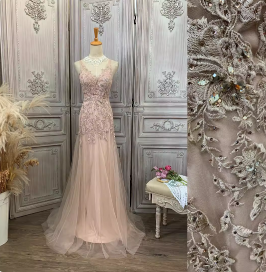 Elegant Pink Mermaid V-Neck Lace Embroidery Tulle Long Prom Dress Evening Dress P4346