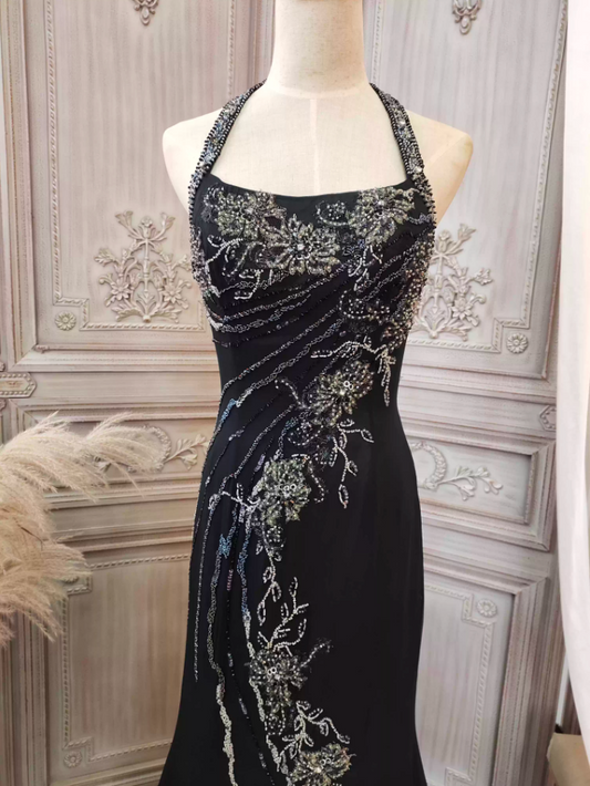 Vintage Black Mermaid Halter Neck Beaded Chiffon Long Prom Dress Evening Dress P4350