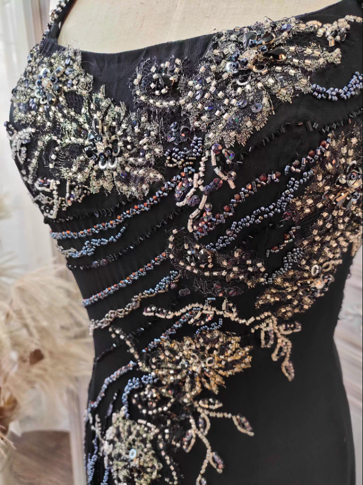 Vintage Black Mermaid Halter Neck Beaded Chiffon Long Prom Dress Evening Dress P4350