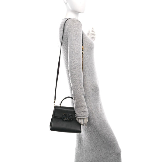 Grainy Calfskin Small VSling Top Handle Bag Black