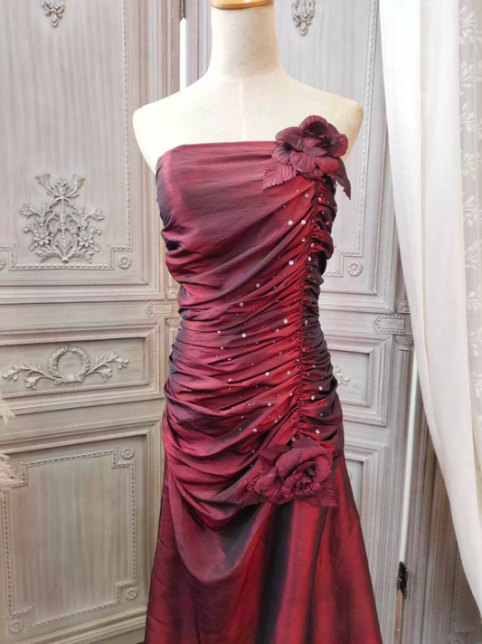 Elegant Vintage Burgundy Strapless Ruched Satin Long Prom Dress Evening Dress P4351