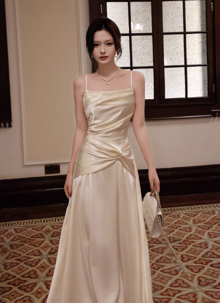 Elegant Beige Spaghetti Strap Square Neck Knot-Embellished Satin Long Prom Dress Evening Dress Bridesmaid Dress P4364