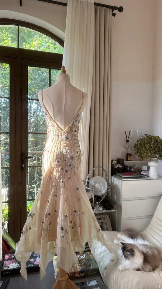 Vintage Beige Spaghetti Strap Beaded Design Romantic Chiffon Evening Dress Prom Dress TP3995