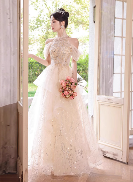 Princess A-Line Halter Neck Sequin Embroidered Tiered Tulle Long Prom Dress Evening Dress P4372