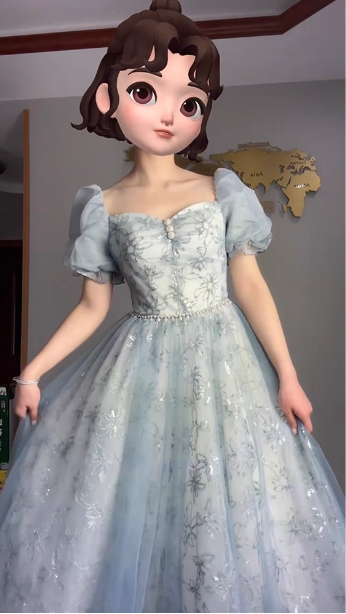 Princess Light Haze Blue Puffed Sleeve Embroidered Sequin Tulle Long Prom Dress Evening Dress P4375