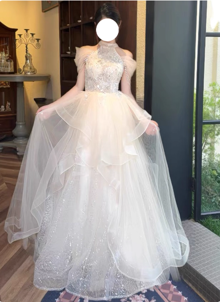 Princess A-Line Halter Neck Sequin Embroidered Tiered Tulle Long Prom Dress Evening Dress P4377