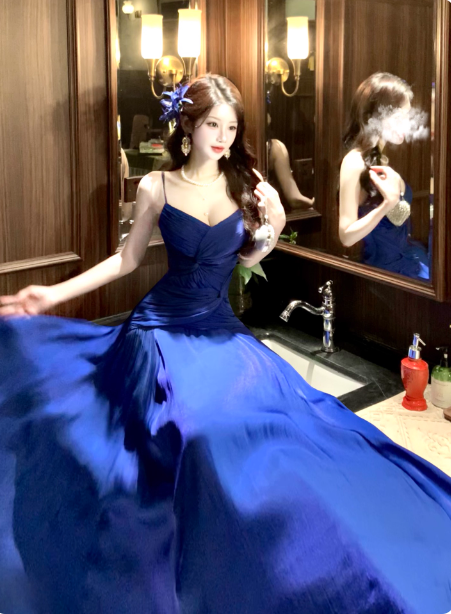 Vibrant Royal Blue A-Line Spaghetti Strap Knot-Embellished Chiffon Long Prom Dress Evening Dress P4378