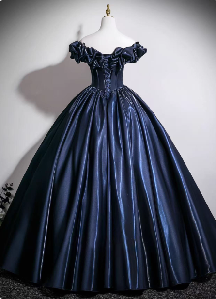 Vintage Navy Blue Off-the-Shoulder Satin Ball Gown Evening Dress Sweet 16 Dress P4379