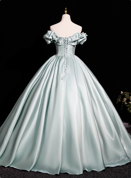 Elegant Mint Light Green Off-the-Shoulder Satin Ball Gown Evening Dress Sweet 16 Dress P4380