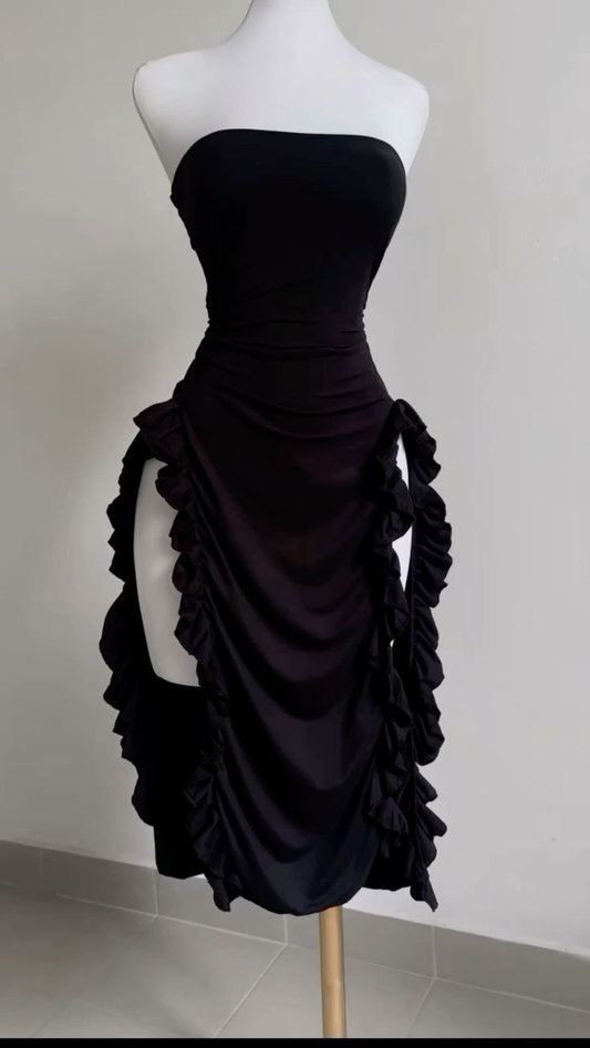 Sexy Strapless Ruffles Midi Length Prom Dress Y7701