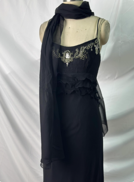 Elegant Vintage Black Mermaid Thin Strap Embroidered Chiffon Long Prom Dress Evening Dress P4385