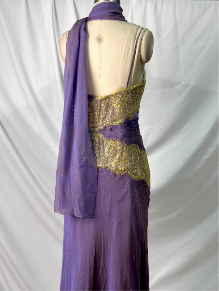 Vintage Deep Purple Gold Lace Thin Strap V-Neck Chiffon Long Prom Dress Evening Dress P4389