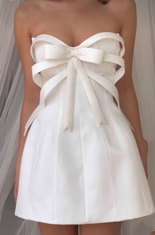Pink tube top neckline bow design waist slim short skirt homecoming dress R3731