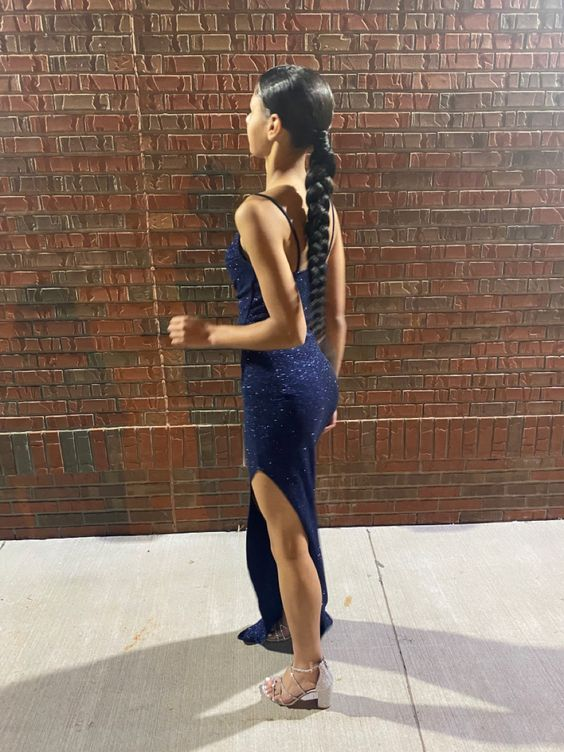 Shiny Navy Blue Sheath Evening Dress,Navy Blue Evening Gown Y6359