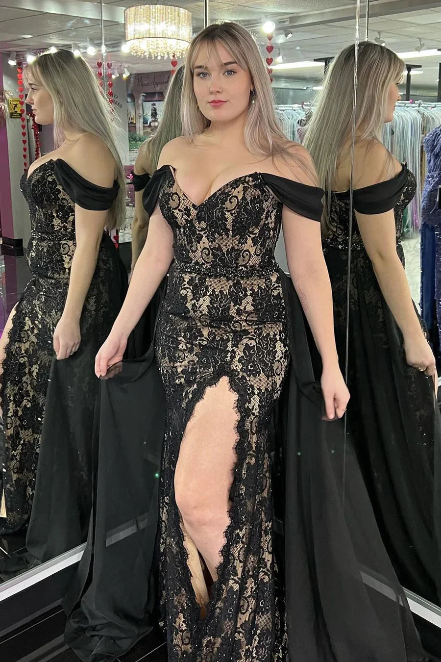 Mermaid Black Lace Off-the-Shoulder Long Prom Gown with Attached Train TP73