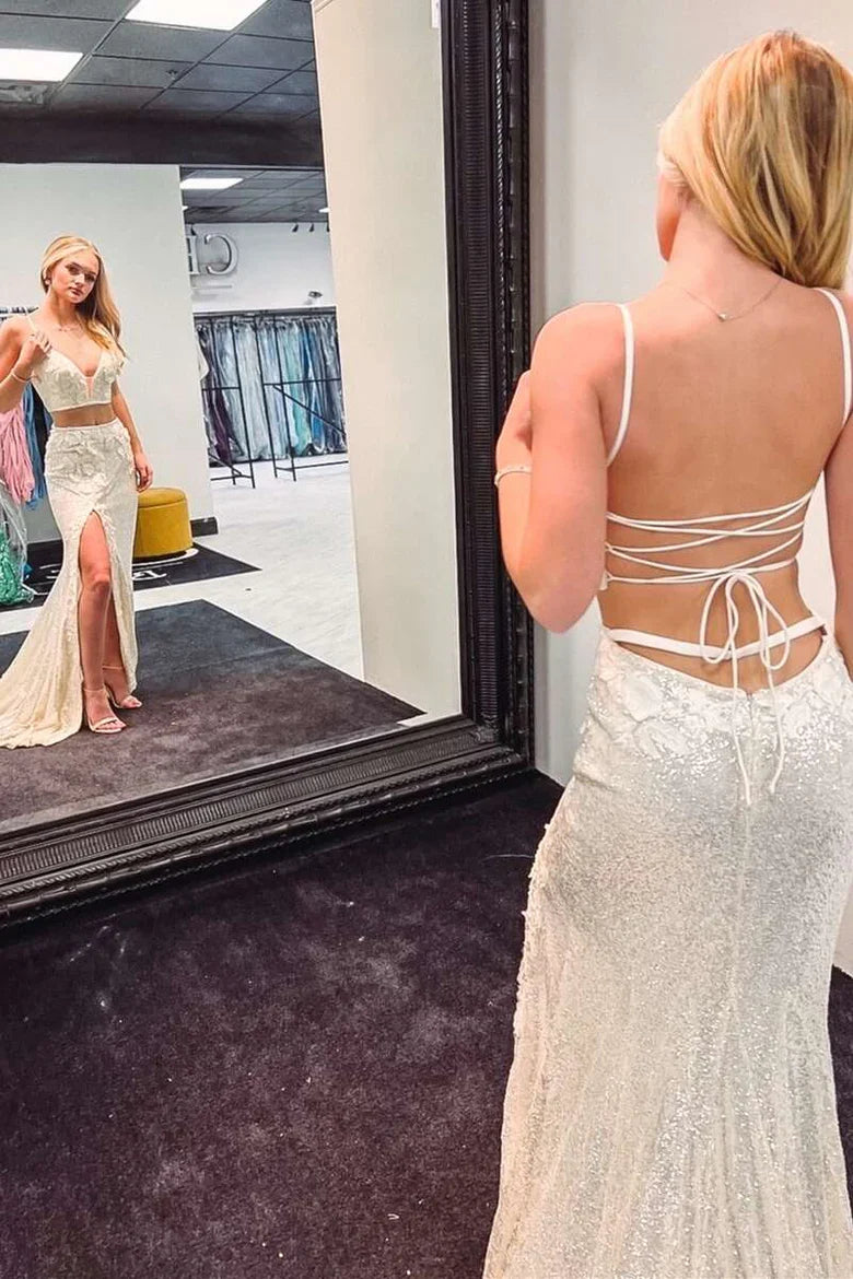 Two-Piece Sequins Appliques Lace-Up Back Mermaid Long Prom Dress TP72