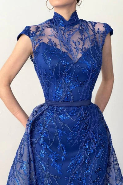 CLASSY LONG ROYAL BLUE HIGH NECK LACE SLEEVELESS EVENING PARTY GOWNS WITH DETACHABLE TRAIN TP68