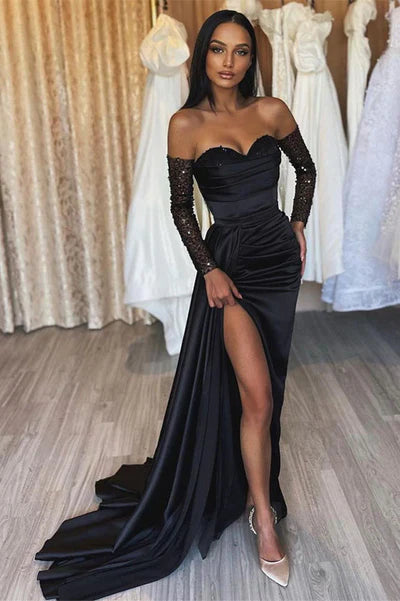 AMAZING LONG BLACK MERMAID FRONT SPLIT LONG SEQUINS EVENING PARTY GOWNS TP65