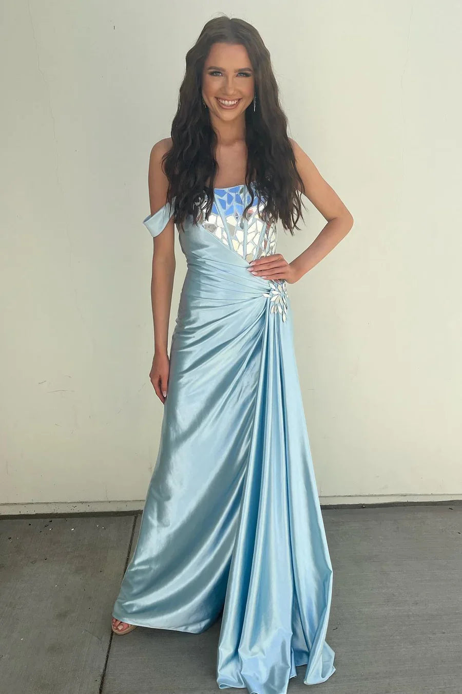 Light Blue One-Shoulder Ruching Long Formal Dress with Broken Mirrors TP79