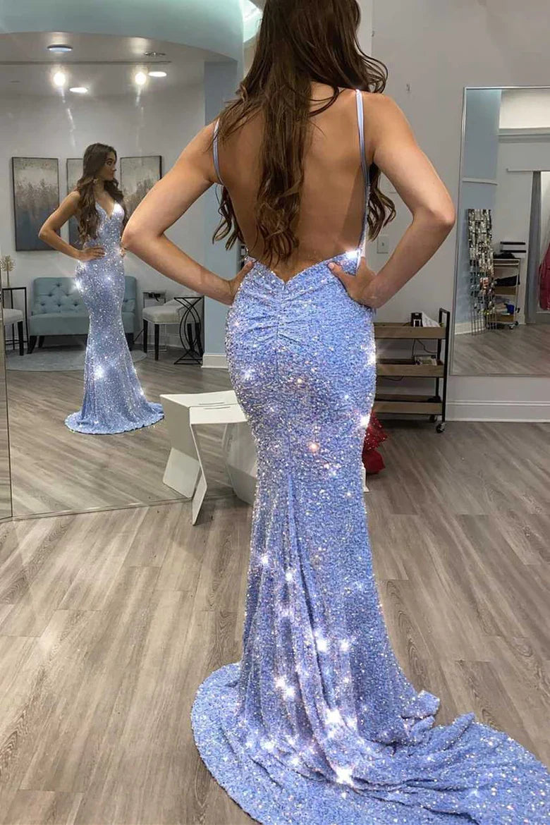 Shiny Blue Sequins Mermaid Long Formal Dress TP77