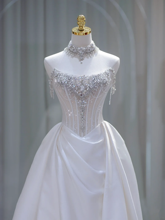 White tube top diamond waist fish bone top satin skirt long dress bridal dress R5850