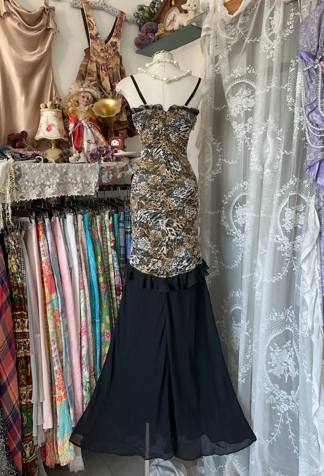 Vintage Leopard Print Sweetheart Design Mermaid Spaghetti Strap Prom Dress Evening Dress TP4207