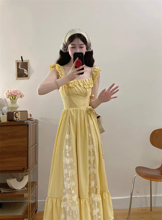 New Simple Fashion Yellow Floral Design A-Line Long Dress TP3043