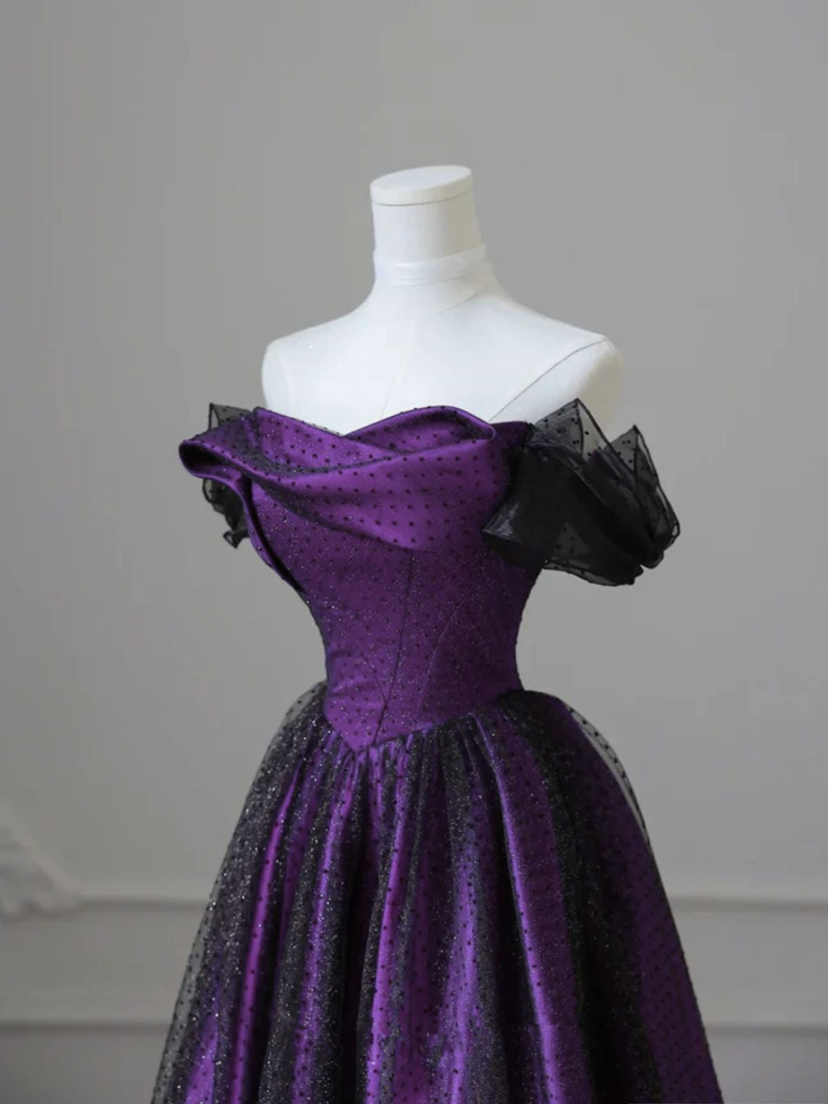 Black and Purple Strapless A-line Party Dress, Tulle and Satin Prom Dress Evening Dress