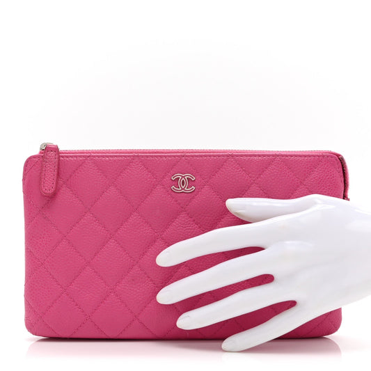 Caviar Quilted Enamel Zipped Clutch Pink