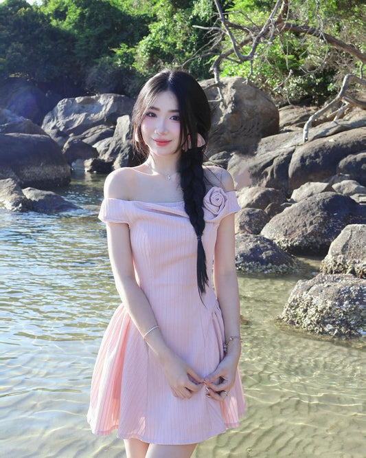 Pink one-shoulder design simple atmosphere waist slim short skirt homecoming dress R4060