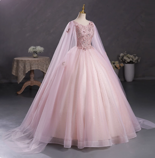 Princess Light Pink Crew Neck Cape Embroidered Tulle Ball Gown Evening Dress Sweet 16 Dress P4401