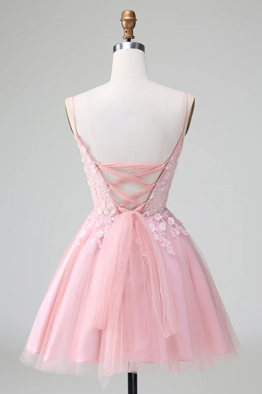 omberprom Short Homecoming Dress Cute Blush A Line Spaghetti Straps Corset with Appliques