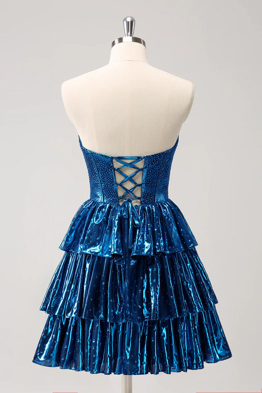 omberprom A Line Sweetheart Homecoming Dress Sparkly Peacock Blue Corset Tiered Metallic with Lace Up Back