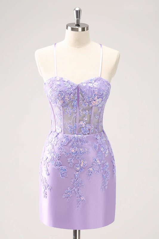 omberprom Sparkly Lilac Homecoming Dress Bodycon Spaghetti Straps Sequin Corset with Appliques