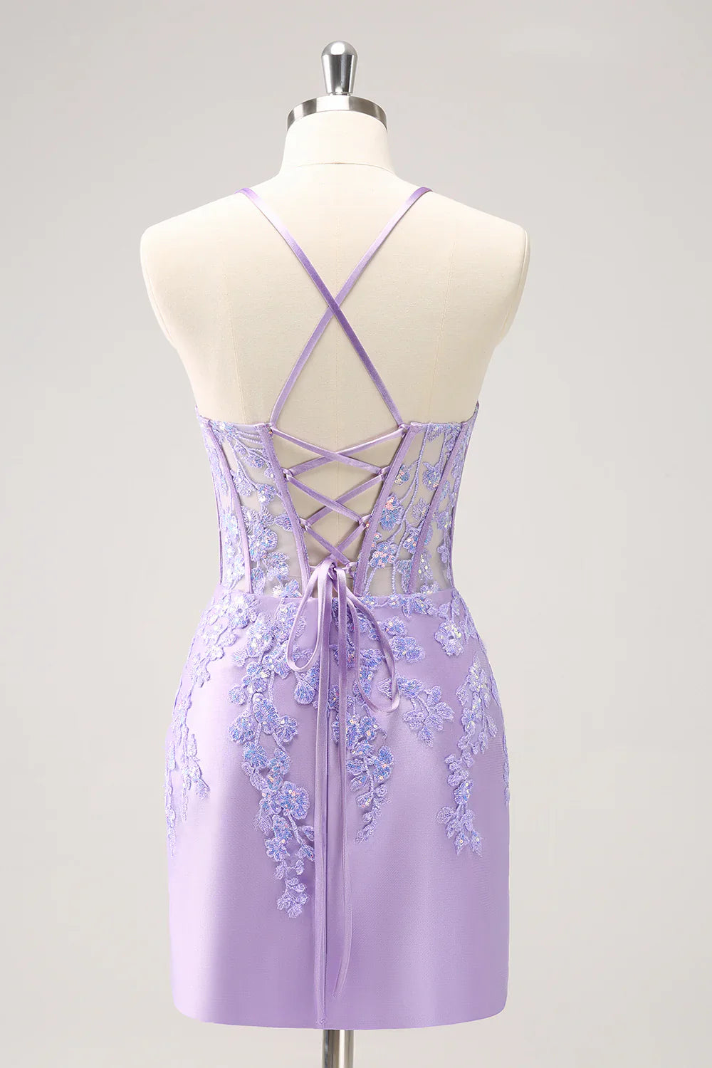 omberprom Sparkly Lilac Homecoming Dress Bodycon Spaghetti Straps Sequin Corset with Appliques