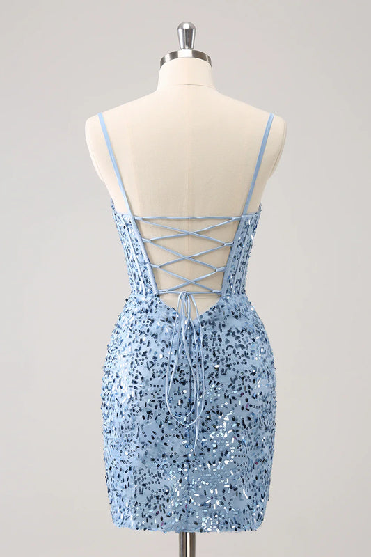 omberprom Short Homecoming Dress Stylish Bodycon Spaghetti Straps Corset with Sequins Blue