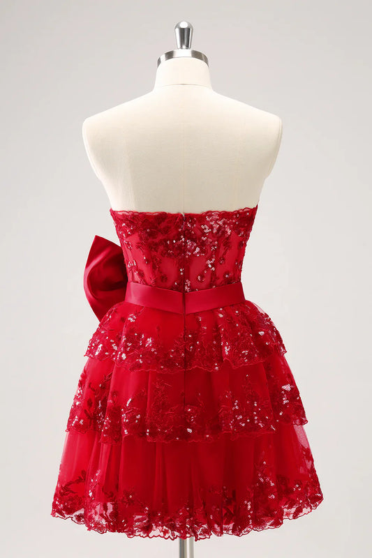 omberprom A Line Sweetheart Homecoming Dress Sparkly Red Corset Tiered Ruffle with Bows