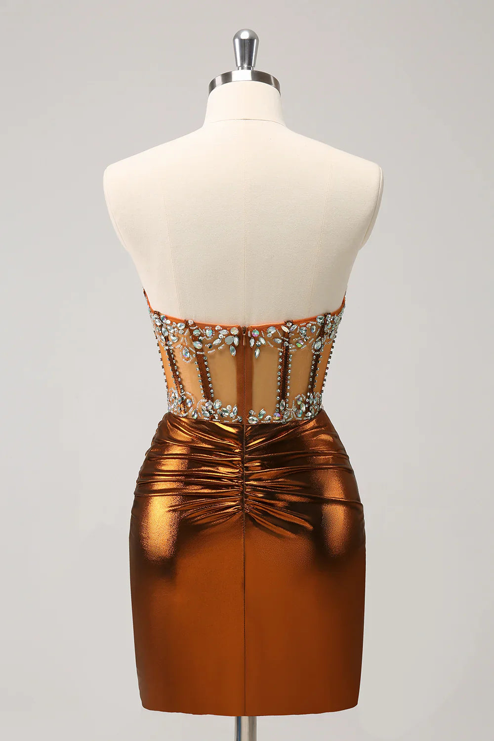 omberprom Glitter Copper Tight Strapless Corset Short Metallic Homecoming Dress with Beading